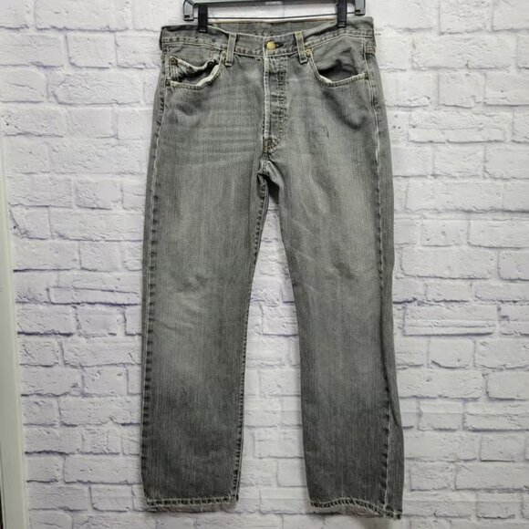Levis Gray Button Fly Jeans Mens 33x30 Made in Mexico Straight Leg Distressed - Picture 1 of 7